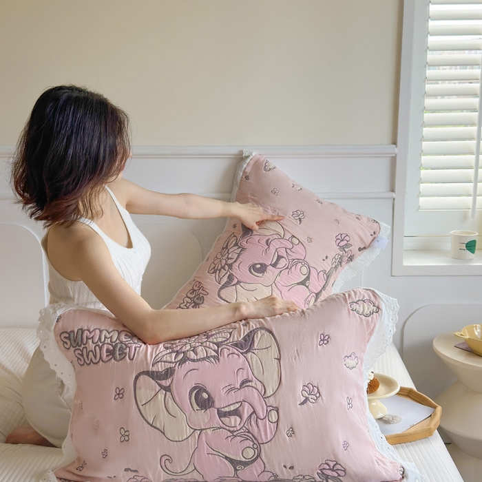 91家纺网 家纺一手货源 找家纺 朴尔家纺-毛巾被 2025新款韩版花边卡通水洗起皱纯棉四层纱布枕巾单枕巾枕巾单件 夏日至甜 52x78cm枕巾一对