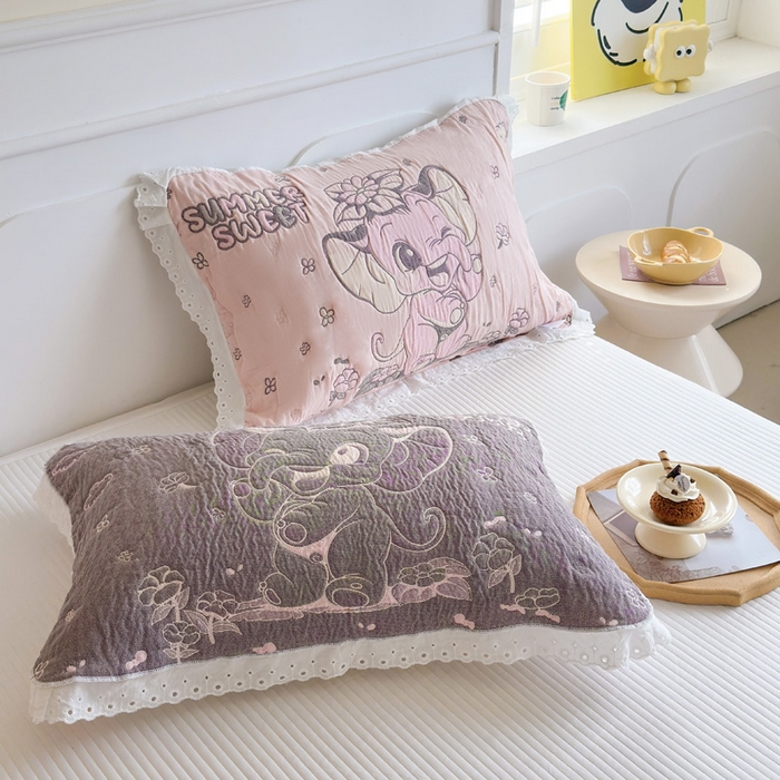91家纺网 家纺一手货源 找家纺 朴尔家纺-毛巾被 2025新款韩版花边卡通水洗起皱纯棉四层纱布枕巾单枕巾枕巾单件 夏日至甜 52x78cm枕巾一对