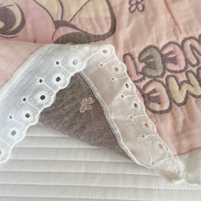 91家纺网 家纺一手货源 找家纺 朴尔家纺-毛巾被 2025新款韩版花边卡通水洗起皱纯棉四层纱布枕巾单枕巾枕巾单件 夏日至甜 52x78cm枕巾一对