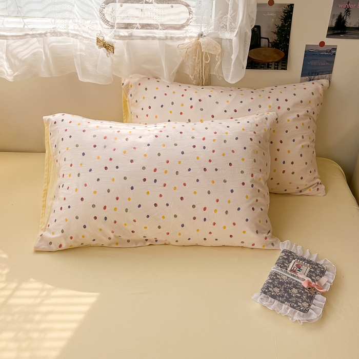 91家纺网 家纺一手货源 找家纺 彩韵家纺 2025新款水洗双层纱双拼碎花四件套 彩色波点