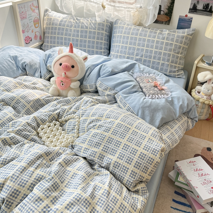 91家纺网 家纺一手货源 找家纺 彩韵家纺 2025新款水洗双层纱双拼碎花四件套 分格棋盘