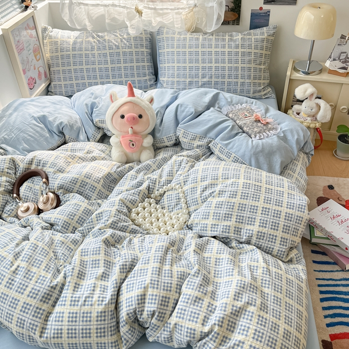 91家纺网 家纺一手货源 找家纺 彩韵家纺 2025新款水洗双层纱双拼碎花四件套 分格棋盘