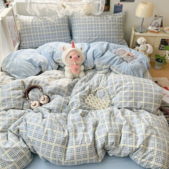 91家纺网 家纺一手货源 找家纺 彩韵家纺 2025新款水洗双层纱双拼碎花四件套 分格棋盘