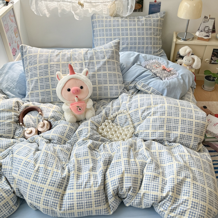 91家纺网 家纺一手货源 找家纺 彩韵家纺 2025新款水洗双层纱双拼碎花四件套 分格棋盘