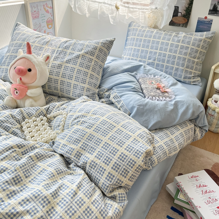 91家纺网 家纺一手货源 找家纺 彩韵家纺 2025新款水洗双层纱双拼碎花四件套 分格棋盘