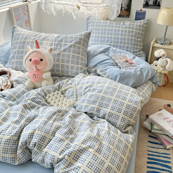 91家纺网 家纺一手货源 找家纺 彩韵家纺 2025新款水洗双层纱双拼碎花四件套 分格棋盘