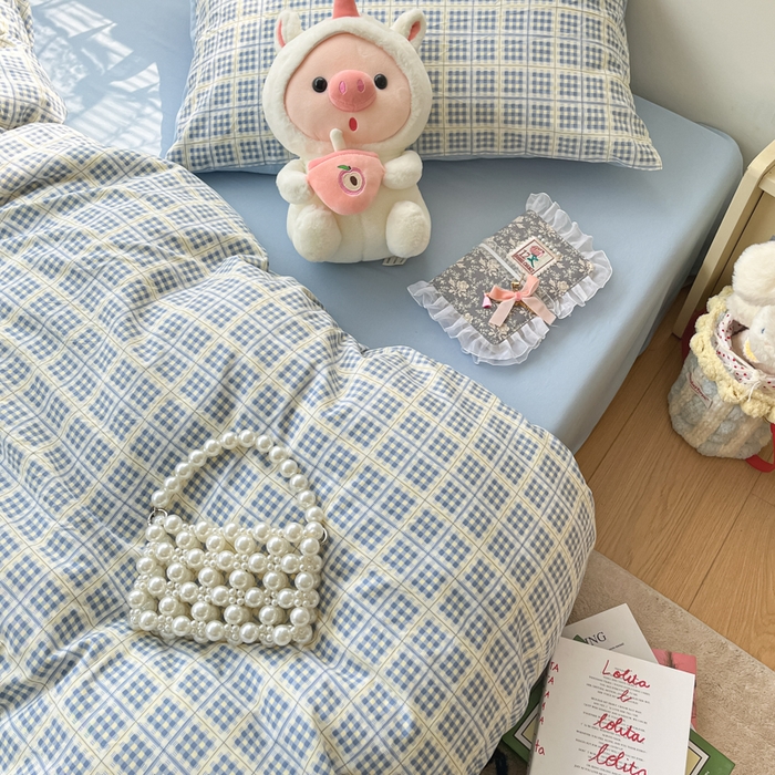 91家纺网 家纺一手货源 找家纺 彩韵家纺 2025新款水洗双层纱双拼碎花四件套 分格棋盘