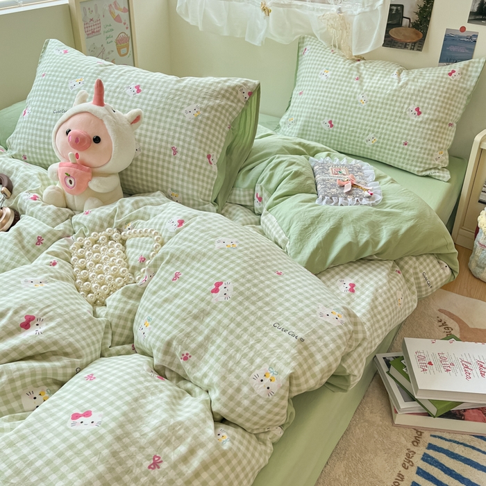 91家纺网 家纺一手货源 找家纺 卡迪熊家纺 2025新款水洗双层纱双拼碎花四件套 可爱猫猫