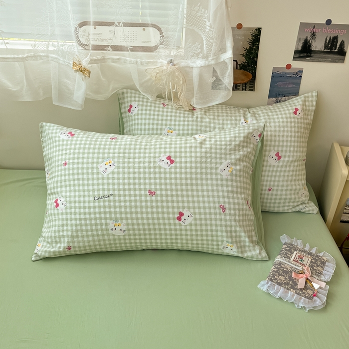 91家纺网 家纺一手货源 找家纺 卡迪熊家纺 2025新款水洗双层纱双拼碎花四件套 可爱猫猫