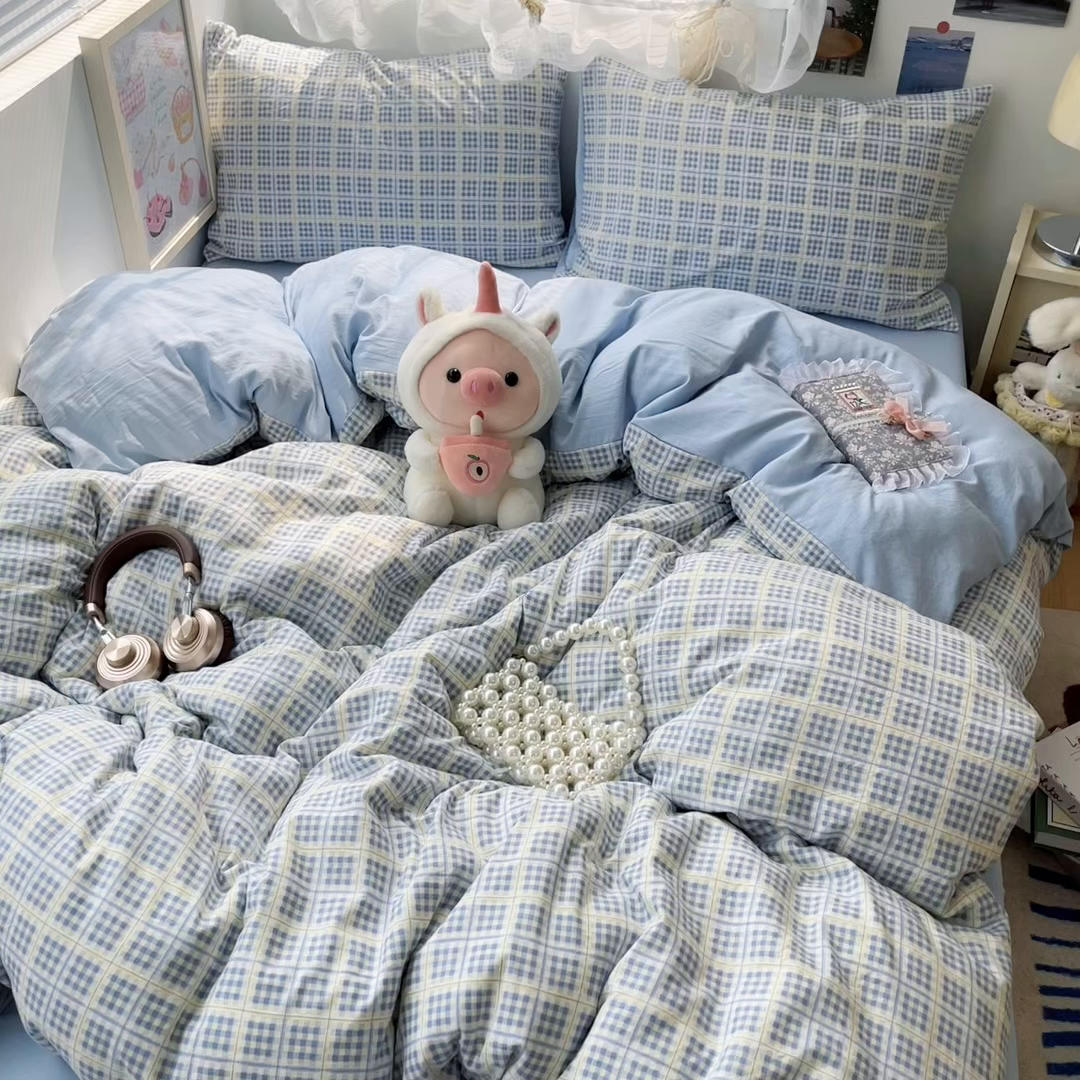 91家纺网 家纺一手货源 找家纺 彩韵家纺 2025新款水洗双层纱双拼碎花四件套 分格棋盘