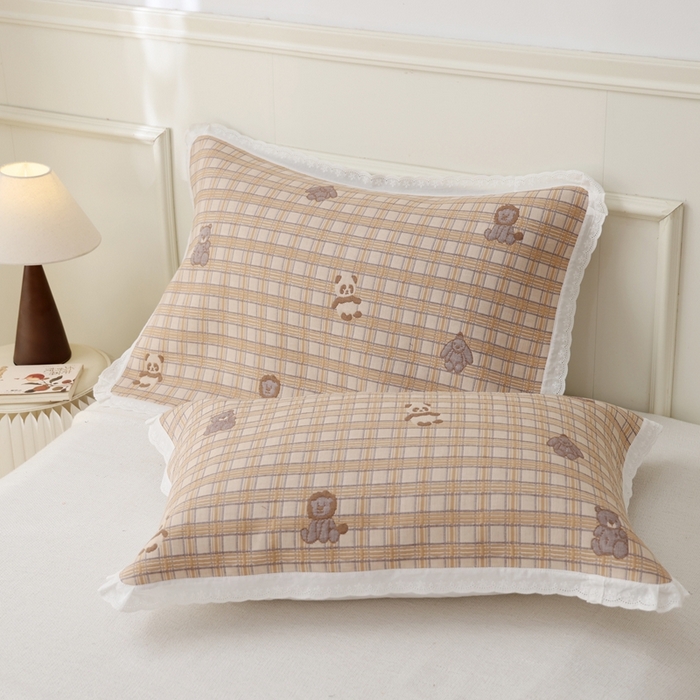 91家纺网 家纺一手货源 找家纺 朴尔家纺-毛巾被 2025新款韩版小碎花边全棉纯棉三层纱布枕巾单枕巾枕巾单件 动物格-咖 52x78cm枕巾一对