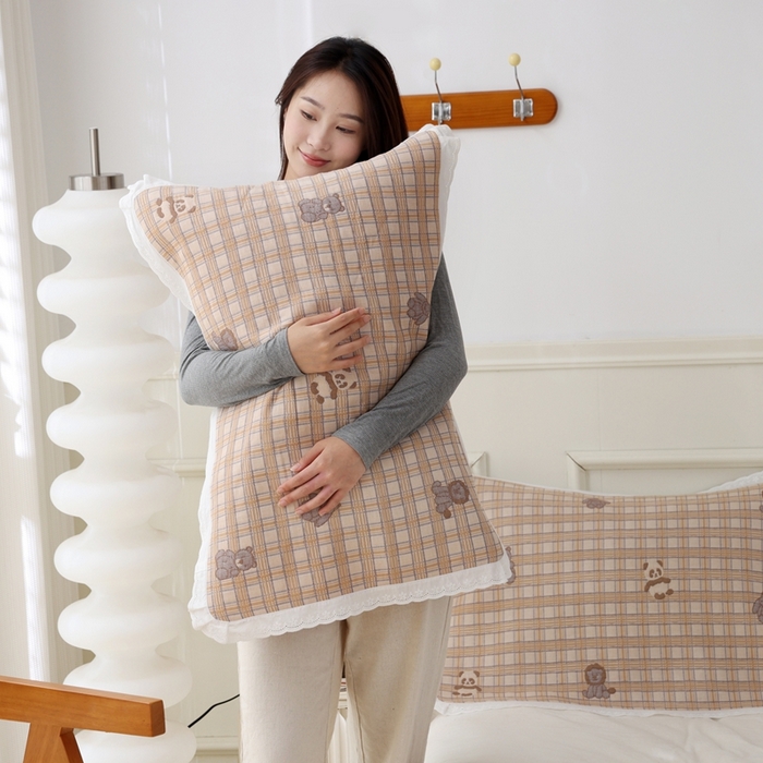 91家纺网 家纺一手货源 找家纺 朴尔家纺-毛巾被 2025新款韩版小碎花边全棉纯棉三层纱布枕巾单枕巾枕巾单件 动物格-咖 52x78cm枕巾一对