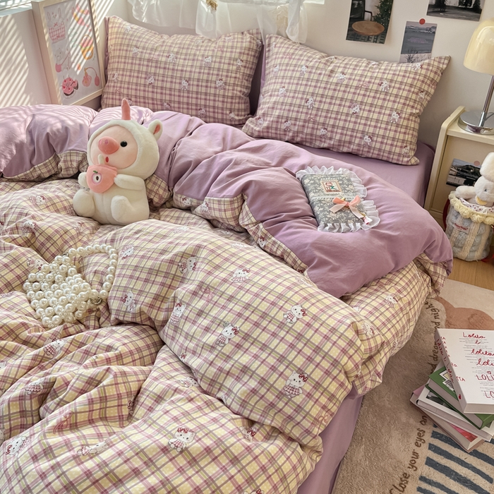 91家纺网 家纺一手货源 找家纺 彩韵家纺 2025新款水洗双层纱双拼碎花四件套 格纹猫咪