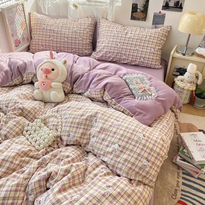 91家纺网 家纺一手货源 找家纺 彩韵家纺 2025新款水洗双层纱双拼碎花四件套 格纹猫咪