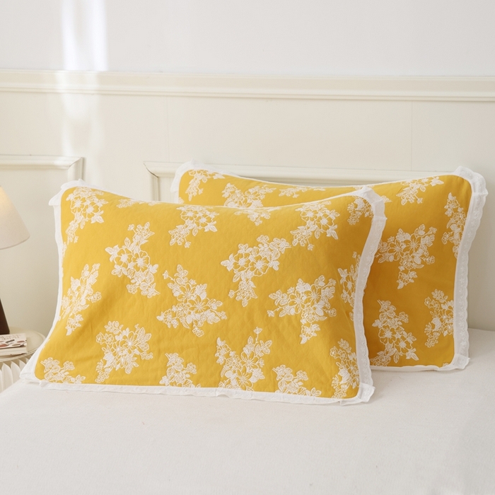朴尔家纺-毛巾被 2025新款韩版小碎花边全棉纯棉三层纱布枕巾单枕巾枕巾单件 芬芳-黄 52x78cm枕巾一对