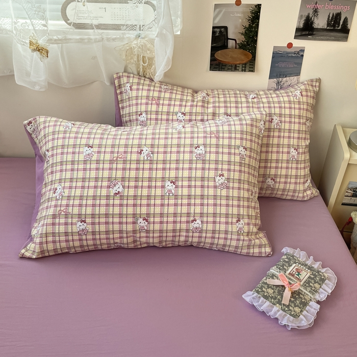 91家纺网 家纺一手货源 找家纺 彩韵家纺 2025新款水洗双层纱双拼碎花四件套 格纹猫咪