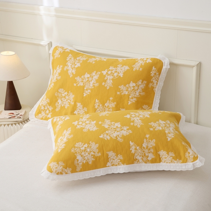 91家纺网 家纺一手货源 找家纺 朴尔家纺-毛巾被 2025新款韩版小碎花边全棉纯棉三层纱布枕巾单枕巾枕巾单件 芬芳-黄 52x78cm枕巾一对