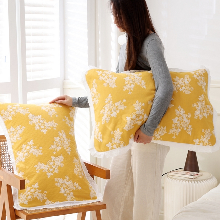 91家纺网 家纺一手货源 找家纺 朴尔家纺-毛巾被 2025新款韩版小碎花边全棉纯棉三层纱布枕巾单枕巾枕巾单件 芬芳-黄 52x78cm枕巾一对