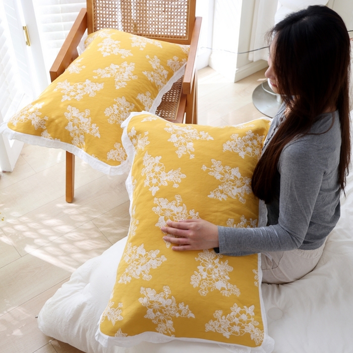 91家纺网 家纺一手货源 找家纺 朴尔家纺-毛巾被 2025新款韩版小碎花边全棉纯棉三层纱布枕巾单枕巾枕巾单件 芬芳-黄 52x78cm枕巾一对