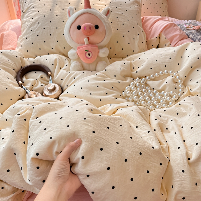 彩韵家纺 2025新款水洗双层纱双拼碎花四件套 黑色波点