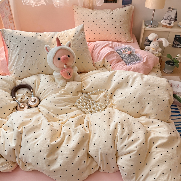 91家纺网 家纺一手货源 找家纺 彩韵家纺 2025新款水洗双层纱双拼碎花四件套 黑色波点