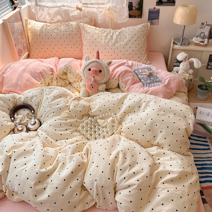 91家纺网 家纺一手货源 找家纺 彩韵家纺 2025新款水洗双层纱双拼碎花四件套 黑色波点