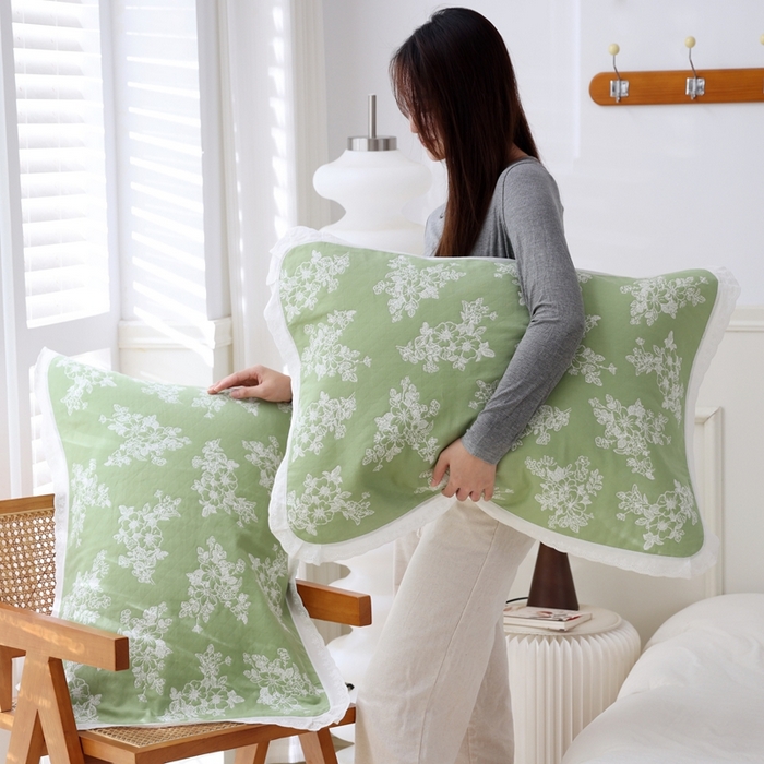 91家纺网 家纺一手货源 找家纺 朴尔家纺-毛巾被 2025新款韩版小碎花边全棉纯棉三层纱布枕巾单枕巾枕巾单件 芬芳-绿 52x78cm枕巾一对