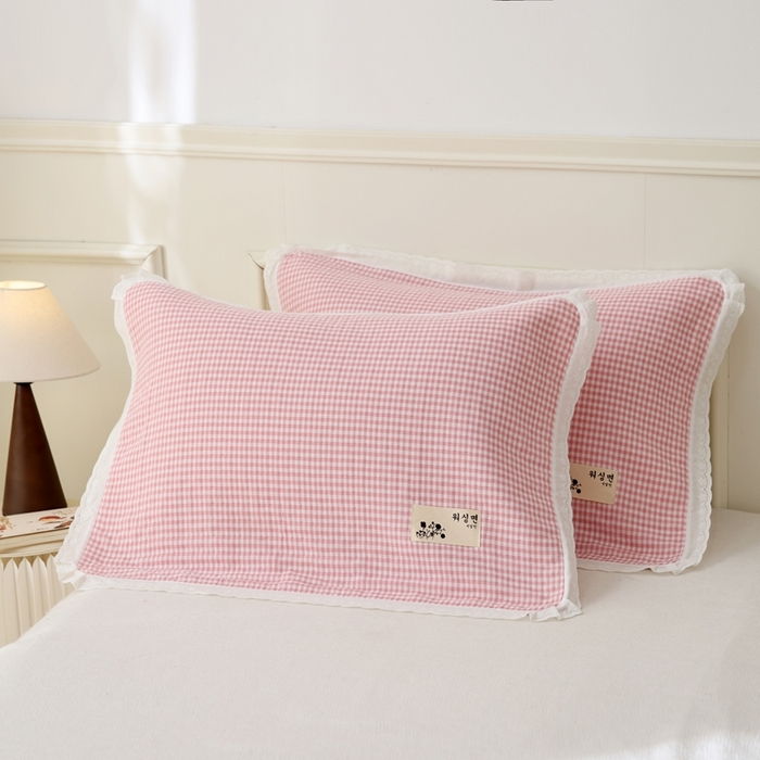 朴尔家纺-毛巾被 2025新款韩版小碎花边全棉纯棉三层纱布枕巾单枕巾枕巾单件 韩式小格-粉 52x78cm枕巾一对