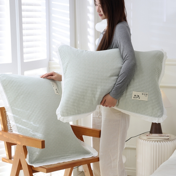 91家纺网 家纺一手货源 找家纺 朴尔家纺-毛巾被 2025新款韩版小碎花边全棉纯棉三层纱布枕巾单枕巾枕巾单件 韩式小格-绿 52x78cm枕巾一对