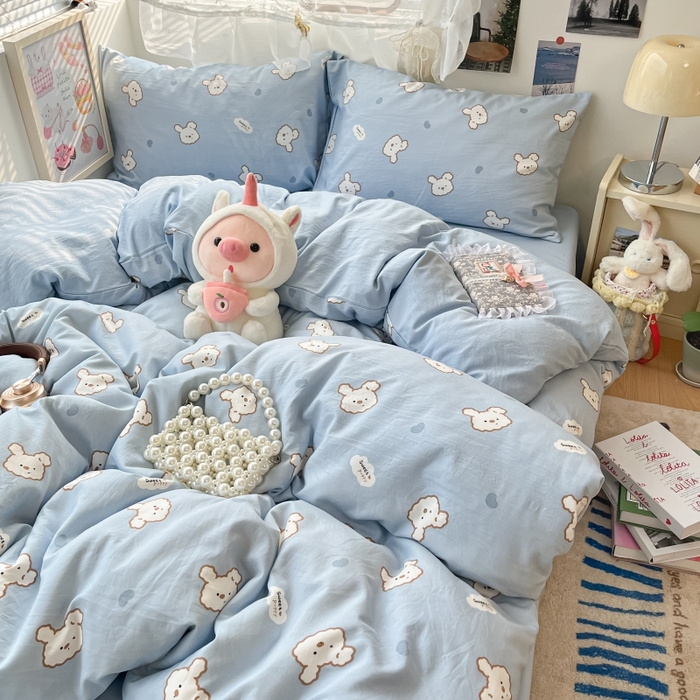 91家纺网 家纺一手货源 找家纺 卡迪熊家纺 2025新款水洗双层纱双拼碎花四件套 美好心情