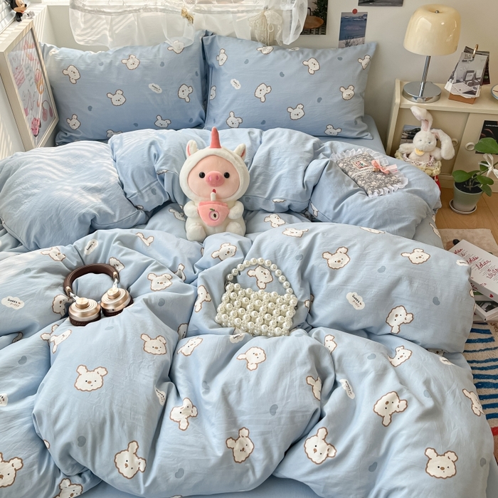 91家纺网 家纺一手货源 找家纺 卡迪熊家纺 2025新款水洗双层纱双拼碎花四件套 美好心情