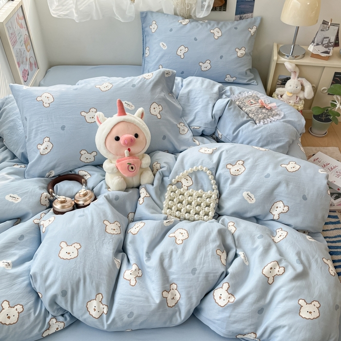 91家纺网 家纺一手货源 找家纺 卡迪熊家纺 2025新款水洗双层纱双拼碎花四件套 美好心情