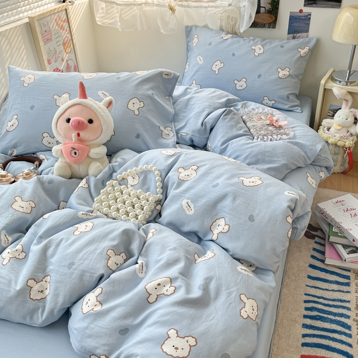 91家纺网 家纺一手货源 找家纺 卡迪熊家纺 2025新款水洗双层纱双拼碎花四件套 美好心情