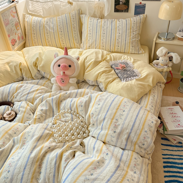 91家纺网 家纺一手货源 找家纺 卡迪熊家纺 2025新款水洗双层纱双拼碎花四件套 藤条花蔓