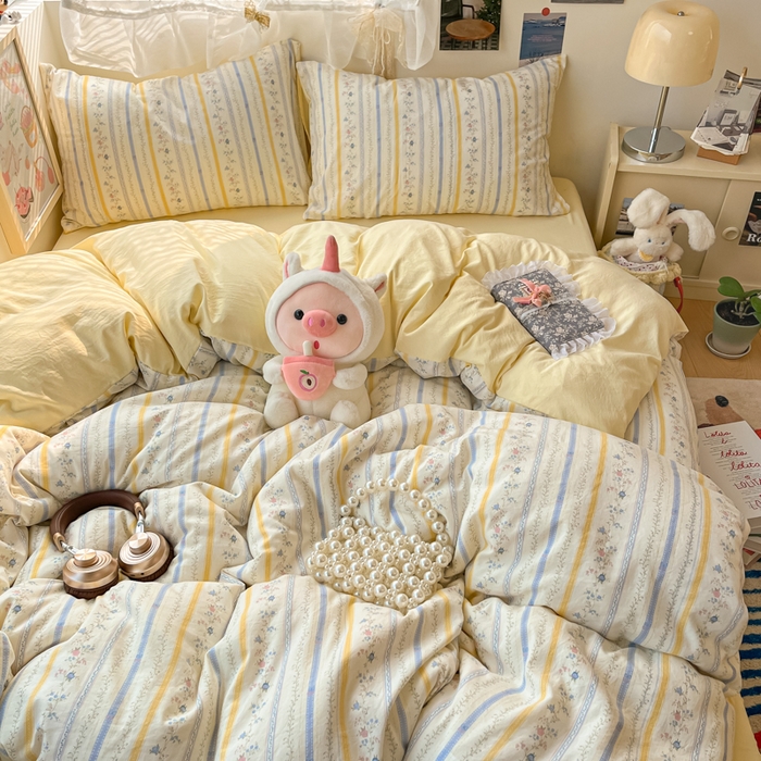 91家纺网 家纺一手货源 找家纺 卡迪熊家纺 2025新款水洗双层纱双拼碎花四件套 藤条花蔓