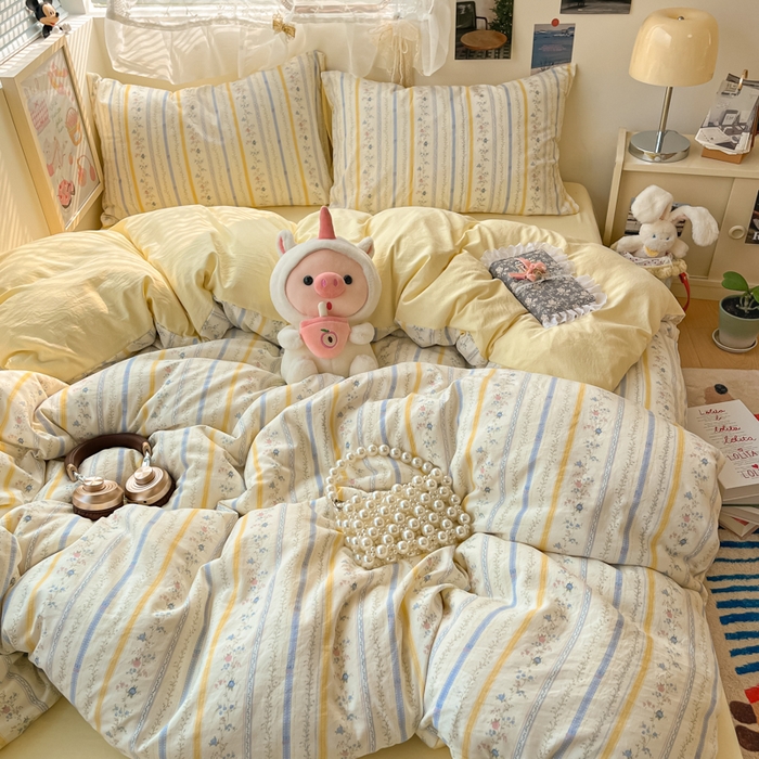 91家纺网 家纺一手货源 找家纺 卡迪熊家纺 2025新款水洗双层纱双拼碎花四件套 藤条花蔓