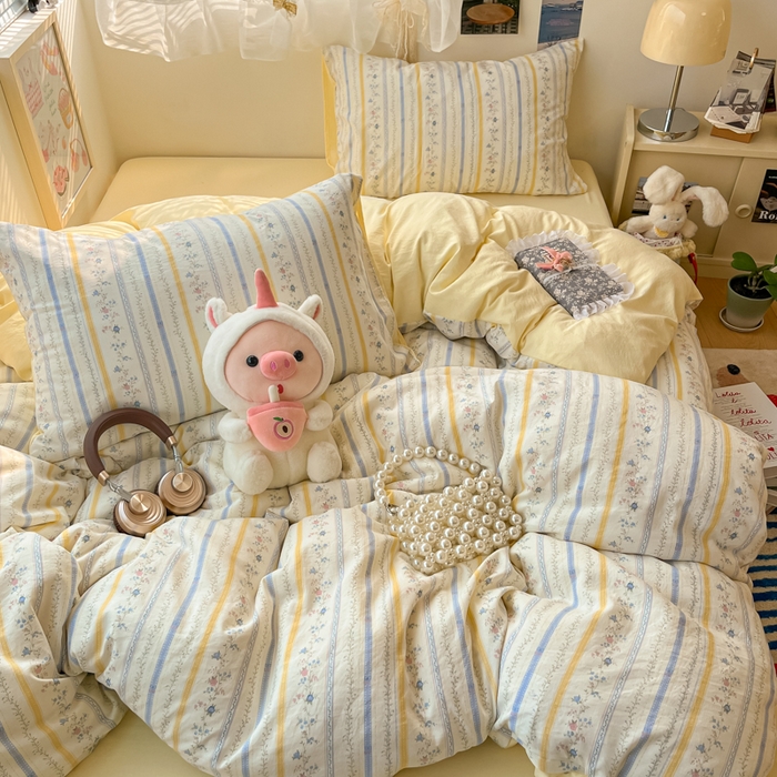 91家纺网 家纺一手货源 找家纺 卡迪熊家纺 2025新款水洗双层纱双拼碎花四件套 藤条花蔓