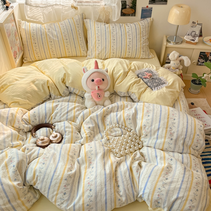 91家纺网 家纺一手货源 找家纺 卡迪熊家纺 2025新款水洗双层纱双拼碎花四件套 藤条花蔓