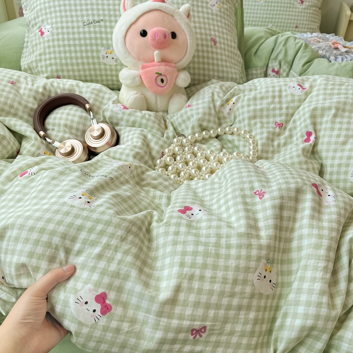 彩韵家纺 2025新款水洗双层纱双拼碎花四件套 可爱猫猫