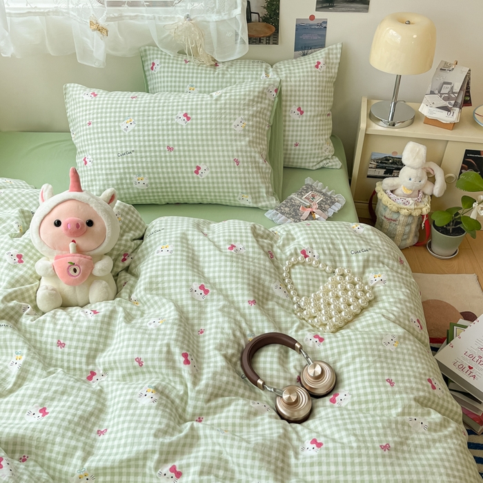 91家纺网 家纺一手货源 找家纺 彩韵家纺 2025新款水洗双层纱双拼碎花四件套 可爱猫猫