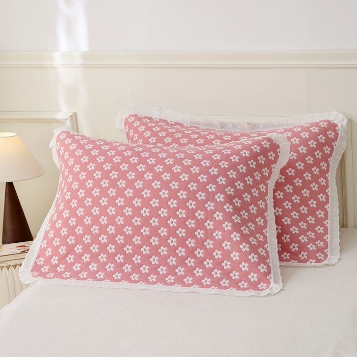 朴尔家纺-毛巾被 2025新款韩版小碎花边全棉纯棉三层纱布枕巾单枕巾枕巾单件 樱花季-粉 52x78cm枕巾一对