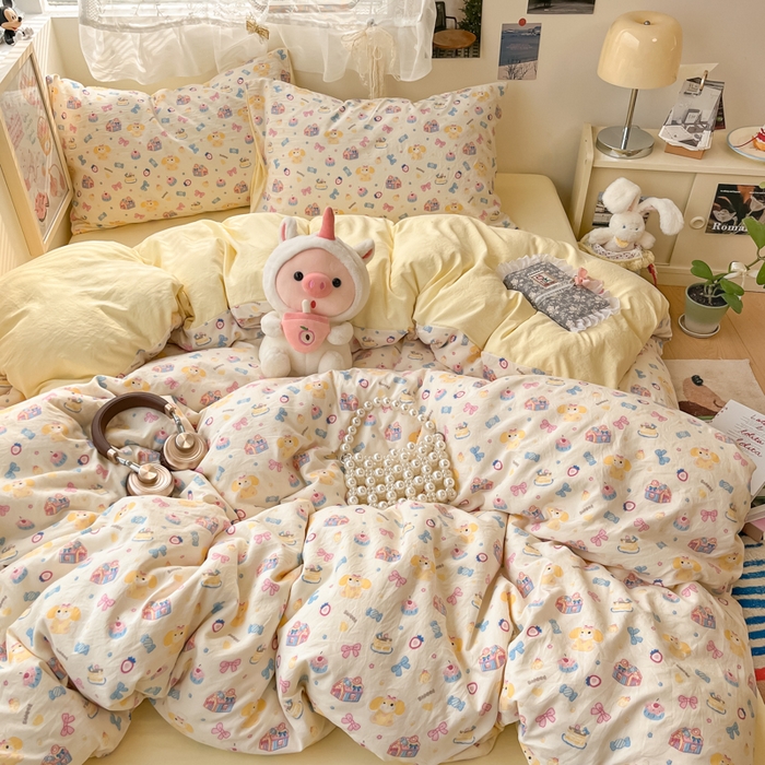 91家纺网 家纺一手货源 找家纺 卡迪熊家纺 2025新款水洗双层纱双拼碎花四件套 甜点小屋