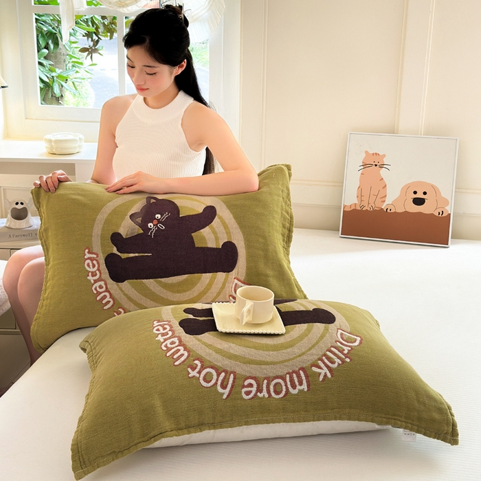 91家纺网 家纺一手货源 找家纺 朴尔家纺-毛巾被 2025新款全棉纯棉多柔AB版定位四层纱布枕巾单枕巾枕巾单件 元气猫 52x75cm枕巾一对