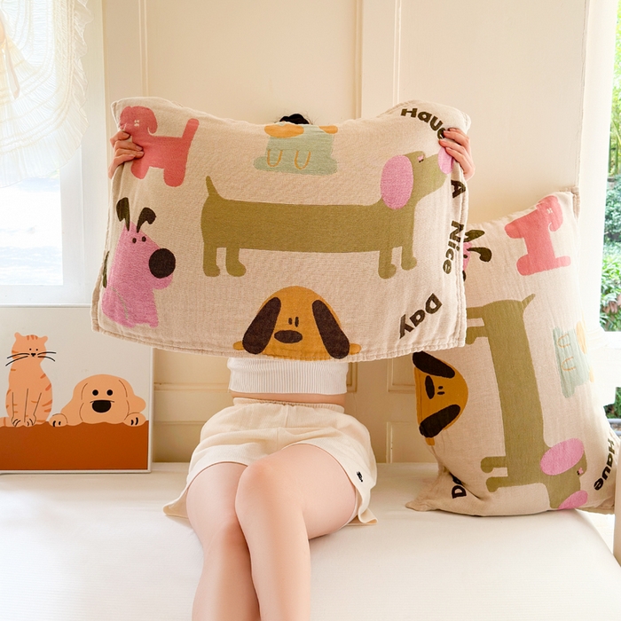 91家纺网 家纺一手货源 找家纺 朴尔家纺-毛巾被 2025新款全棉纯棉多柔AB版定位四层纱布枕巾单枕巾枕巾单件 狗狗巴士 52x75cm枕巾一对