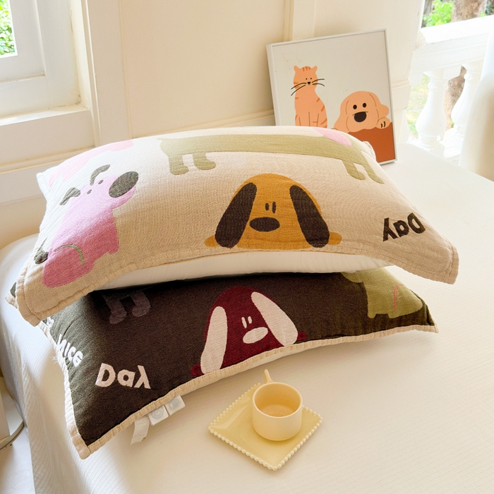 91家纺网 家纺一手货源 找家纺 朴尔家纺-毛巾被 2025新款全棉纯棉多柔AB版定位四层纱布枕巾单枕巾枕巾单件 狗狗巴士 52x75cm枕巾一对