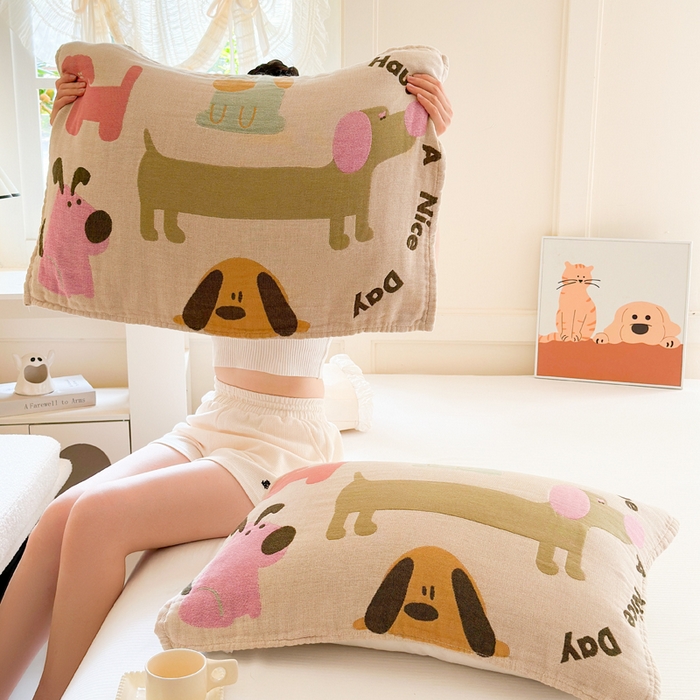 91家纺网 家纺一手货源 找家纺 朴尔家纺-毛巾被 2025新款全棉纯棉多柔AB版定位四层纱布枕巾单枕巾枕巾单件 狗狗巴士 52x75cm枕巾一对