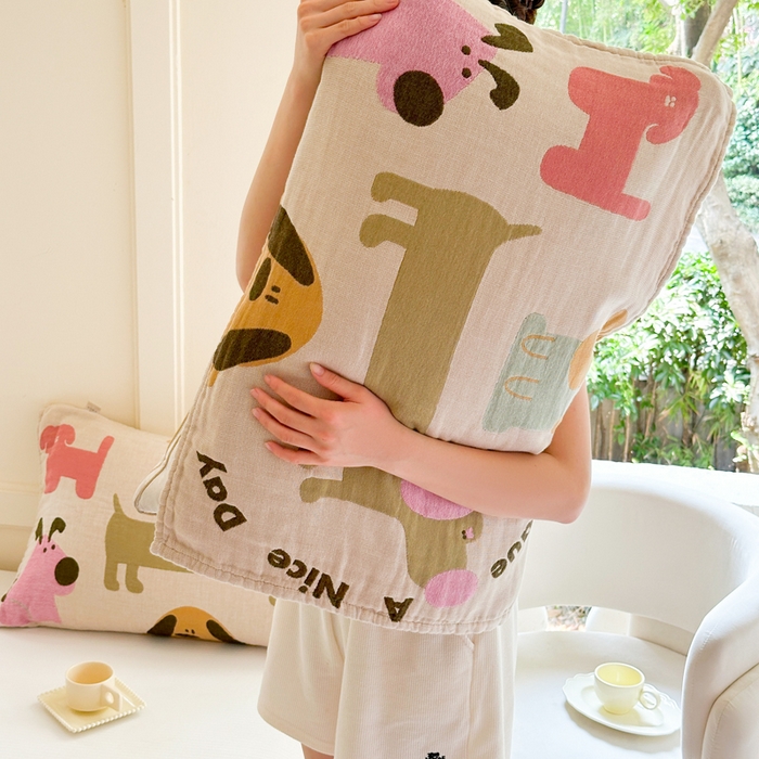 91家纺网 家纺一手货源 找家纺 朴尔家纺-毛巾被 2025新款全棉纯棉多柔AB版定位四层纱布枕巾单枕巾枕巾单件 狗狗巴士 52x75cm枕巾一对