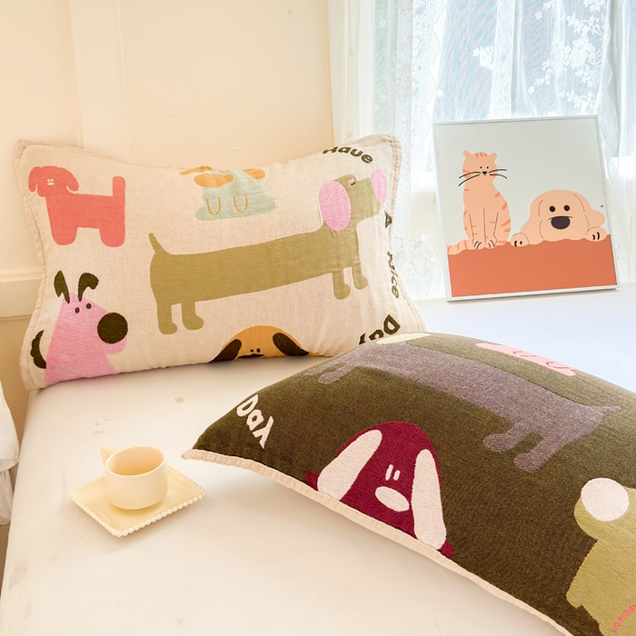 91家纺网 家纺一手货源 找家纺 朴尔家纺-毛巾被 2025新款全棉纯棉多柔AB版定位四层纱布枕巾单枕巾枕巾单件 狗狗巴士 52x75cm枕巾一对