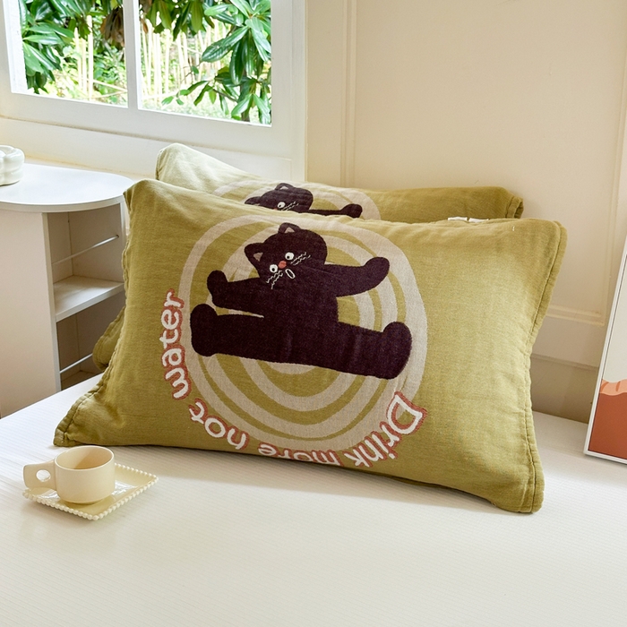 91家纺网 家纺一手货源 找家纺 朴尔家纺-毛巾被 2025新款全棉纯棉多柔AB版定位四层纱布枕巾单枕巾枕巾单件 元气猫 52x75cm枕巾一对