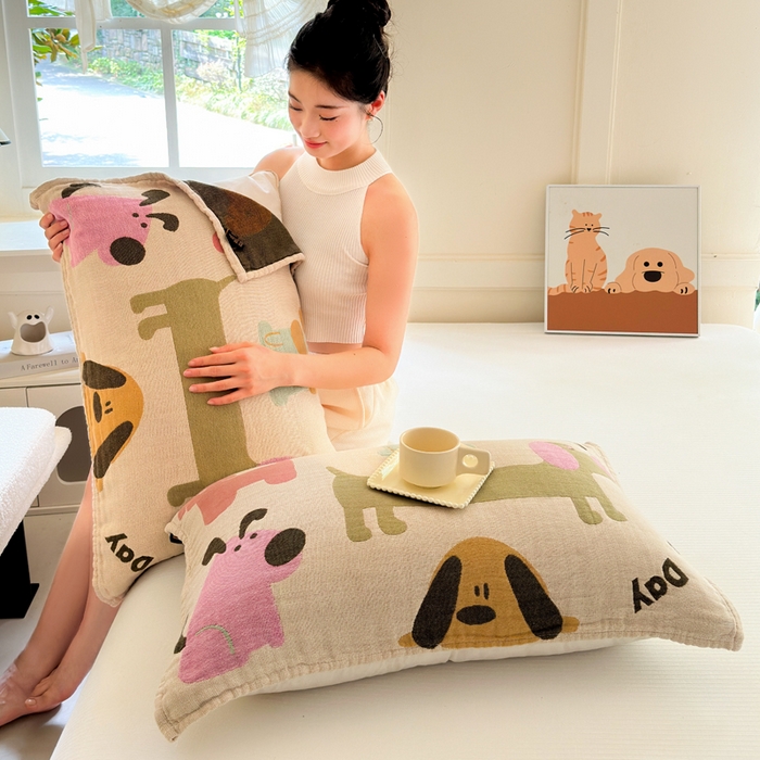 91家纺网 家纺一手货源 找家纺 朴尔家纺-毛巾被 2025新款全棉纯棉多柔AB版定位四层纱布枕巾单枕巾枕巾单件 狗狗巴士 52x75cm枕巾一对